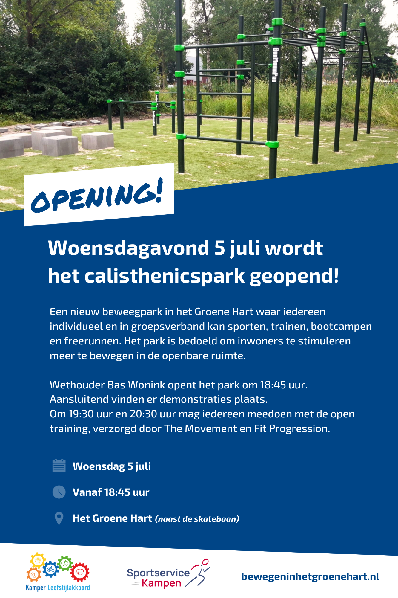 Flyer opening 5 juli calisthenicspark het Groene Hart Kampen